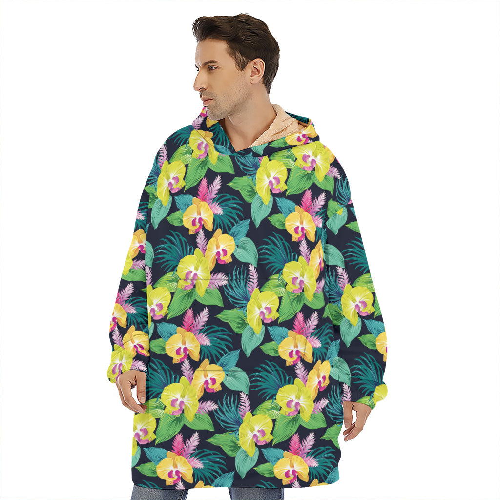 Yellow Orchid Pattern Print Hoodie Blanket