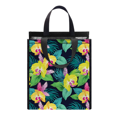 Yellow Orchid Pattern Print Insulated Lunch Tote