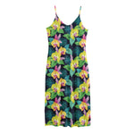 Yellow Orchid Pattern Print Jersey Midi Cami Dress