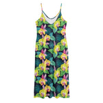 Yellow Orchid Pattern Print Jersey Midi Cami Dress