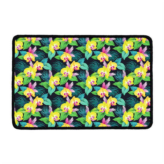 Yellow Orchid Pattern Print Kitchen Mat