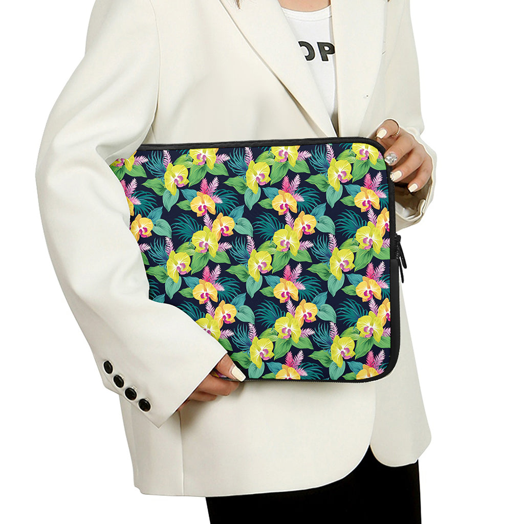 Yellow Orchid Pattern Print Laptop Sleeve