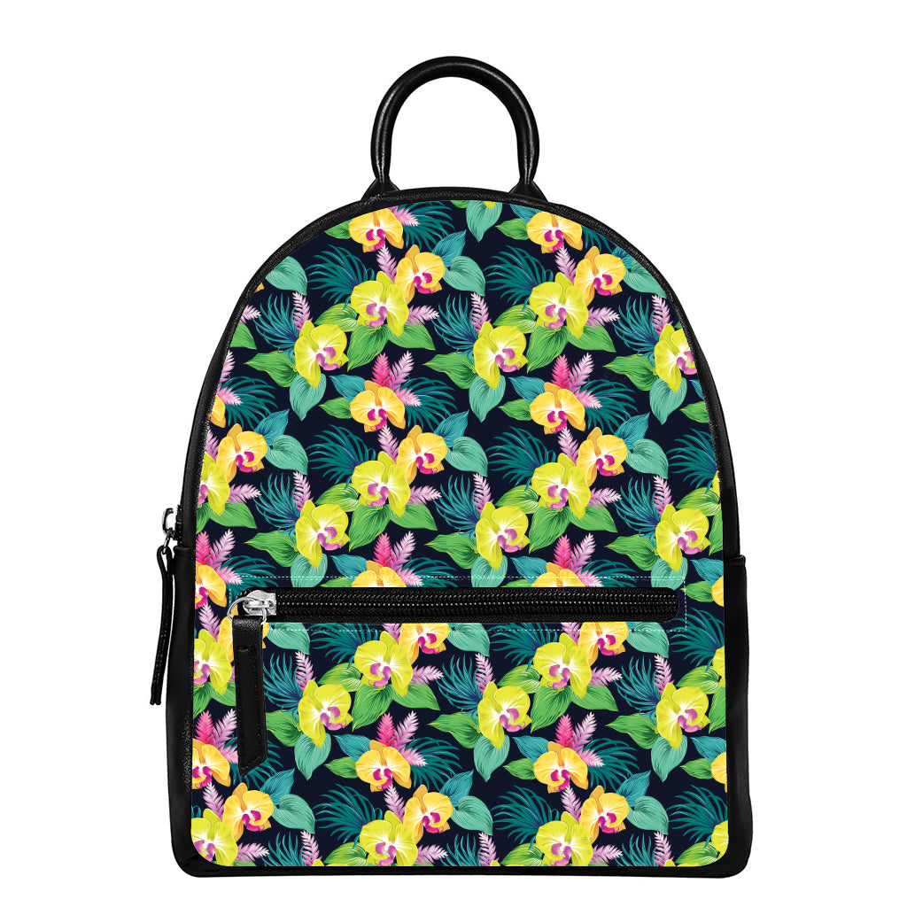 Yellow Orchid Pattern Print Leather Backpack