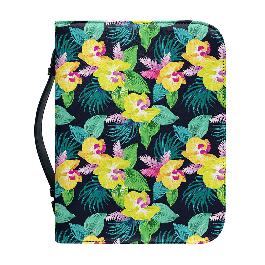 Yellow Orchid Pattern Print Leather Bible Cover