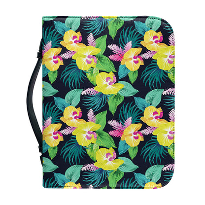 Yellow Orchid Pattern Print Leather Bible Cover
