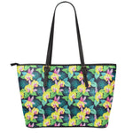 Yellow Orchid Pattern Print Leather Tote Bag