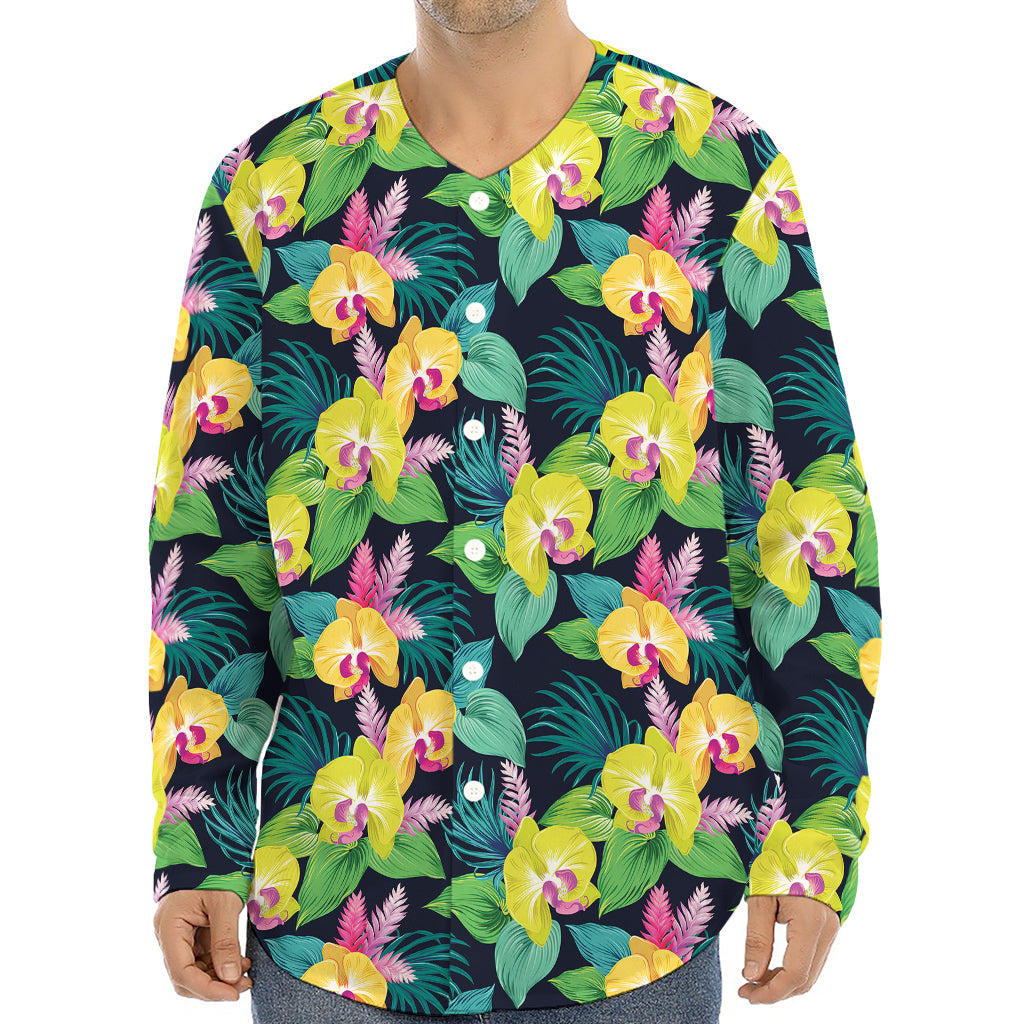 Yellow Orchid Pattern Print Long Sleeve Baseball Jersey