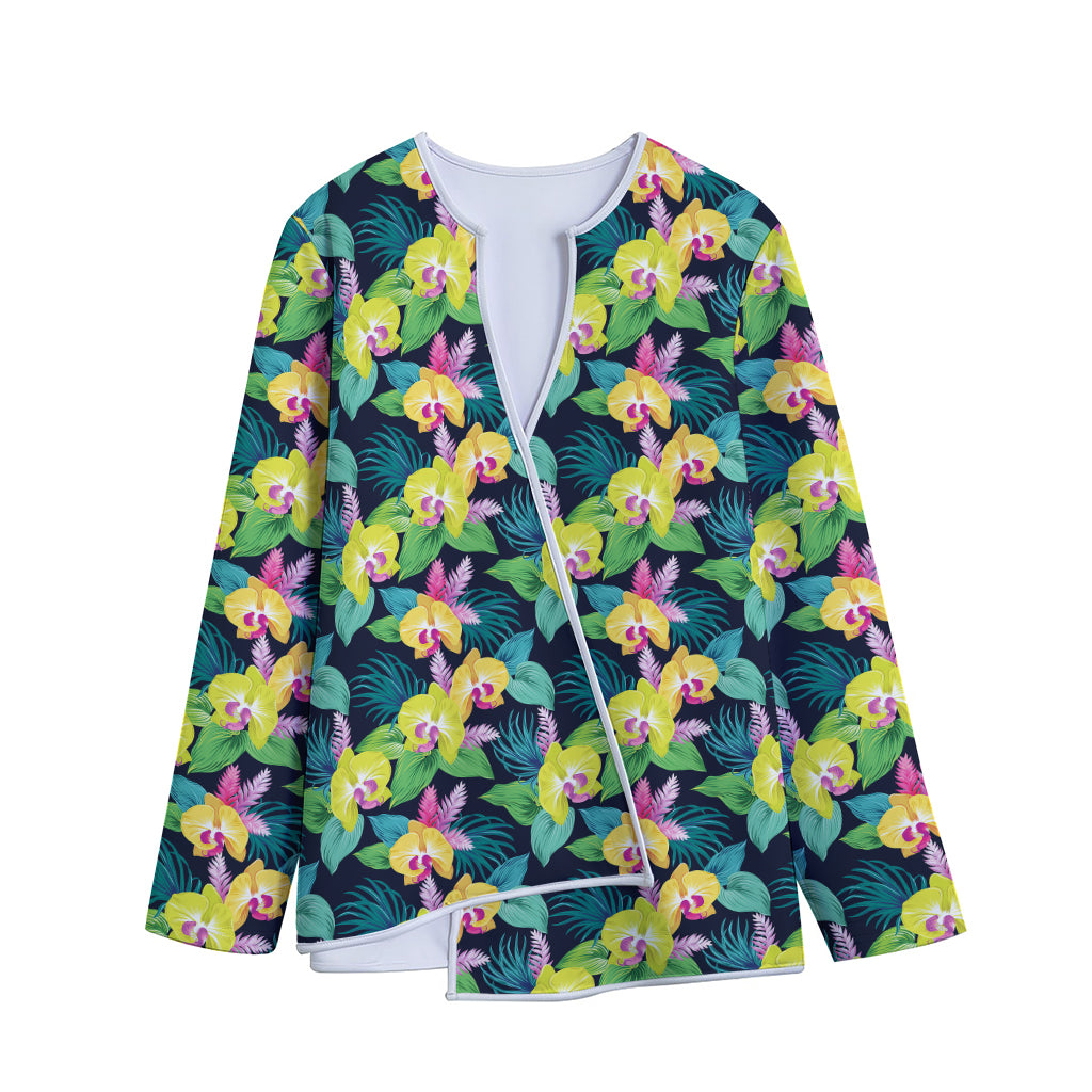 Yellow Orchid Pattern Print Long Sleeve Short Coat