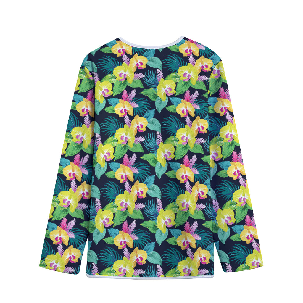 Yellow Orchid Pattern Print Long Sleeve Short Coat