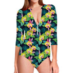 Yellow Orchid Pattern Print Long Sleeve Swimsuit