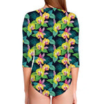 Yellow Orchid Pattern Print Long Sleeve Swimsuit