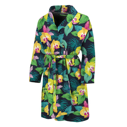 Yellow Orchid Pattern Print Men's Bathrobe