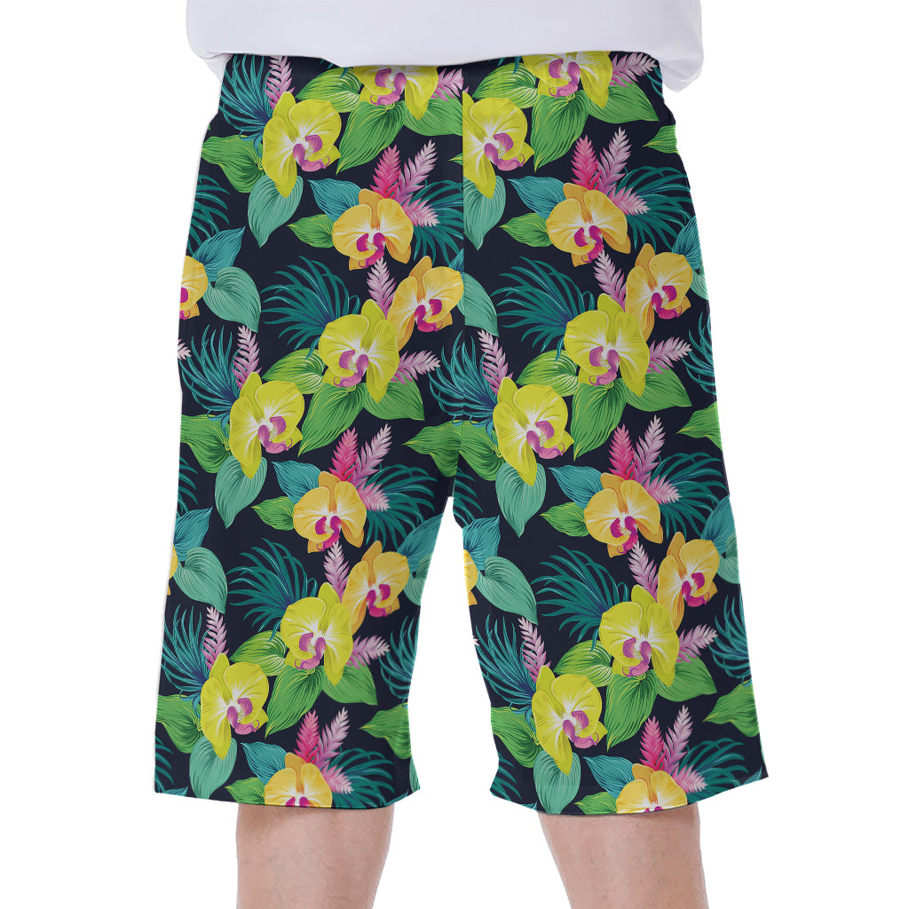 Yellow Orchid Pattern Print Men's Beach Shorts