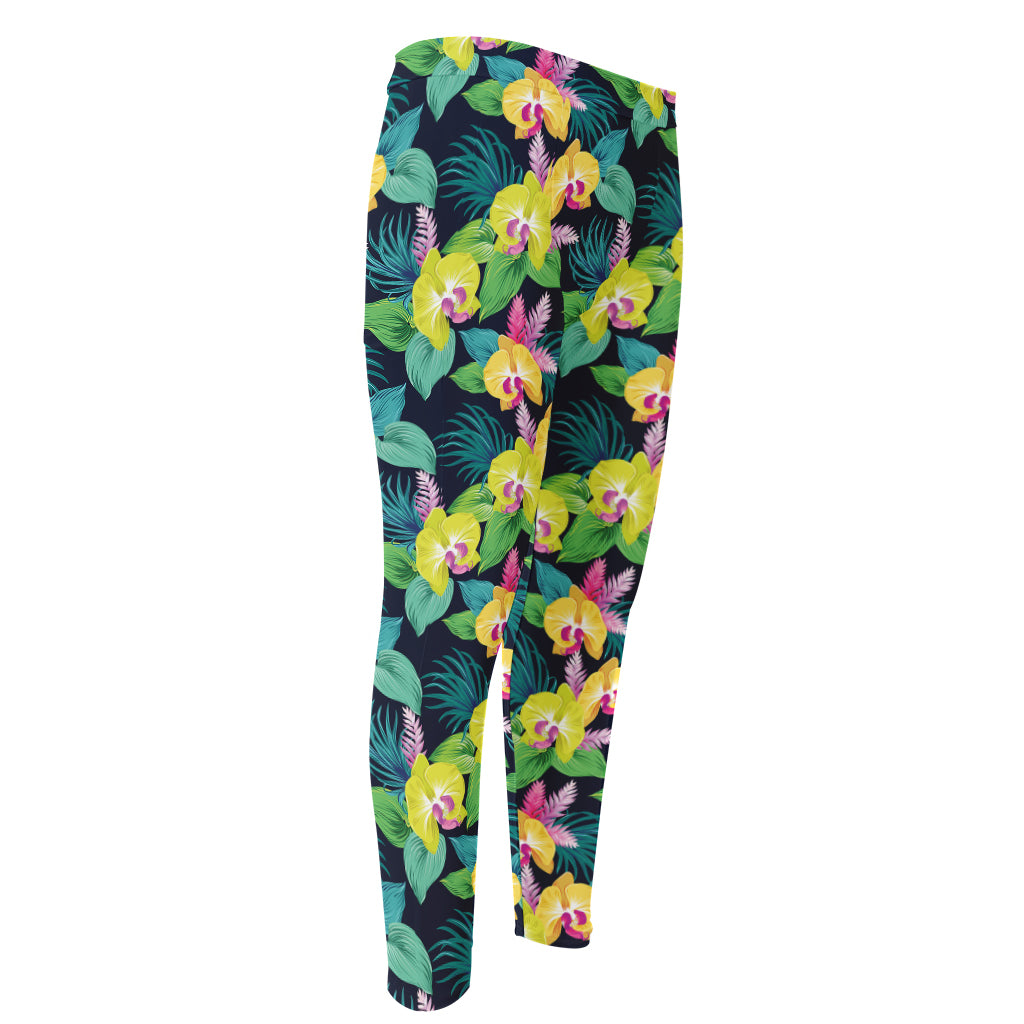Yellow Orchid Pattern Print Men's Compression Pants