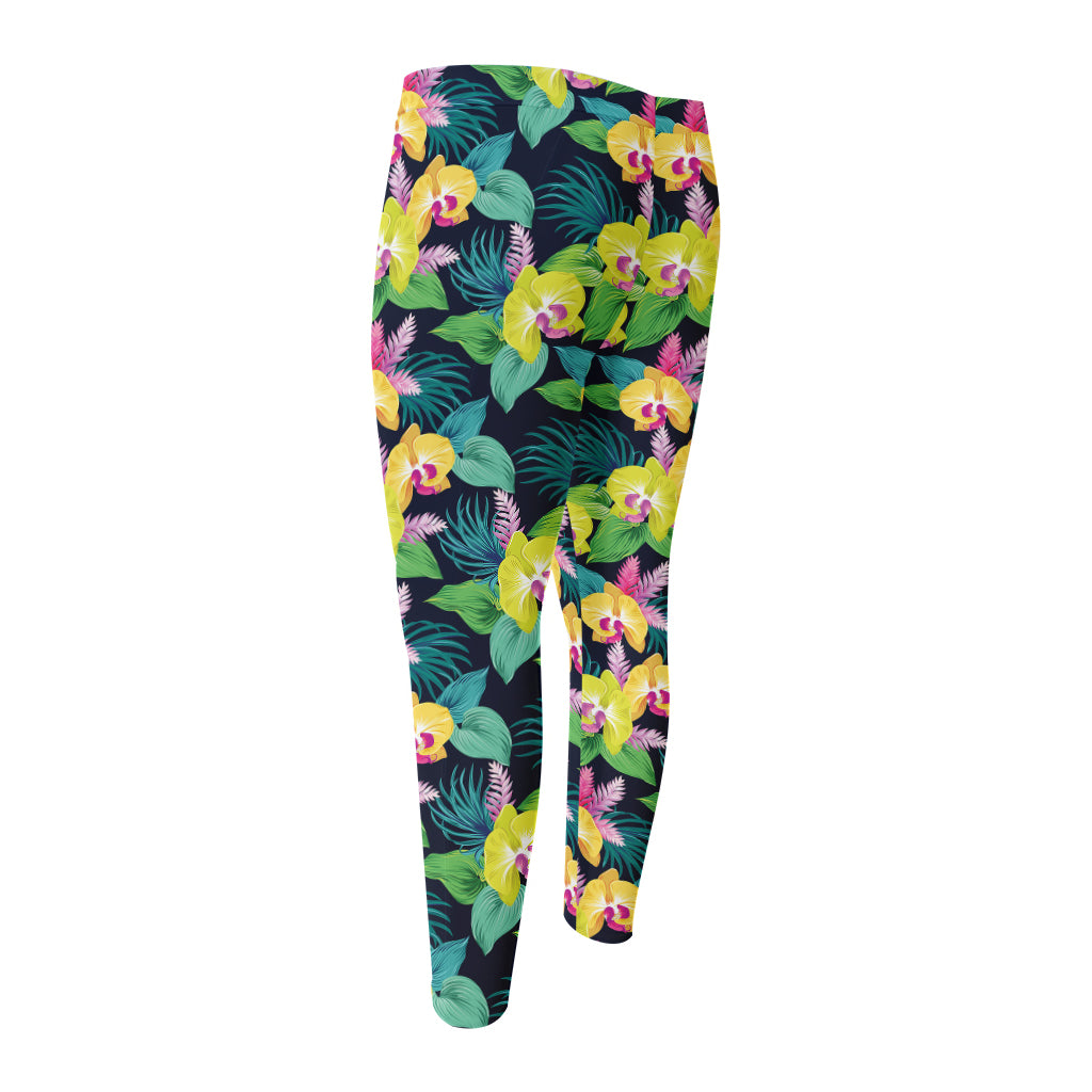 Yellow Orchid Pattern Print Men's Compression Pants
