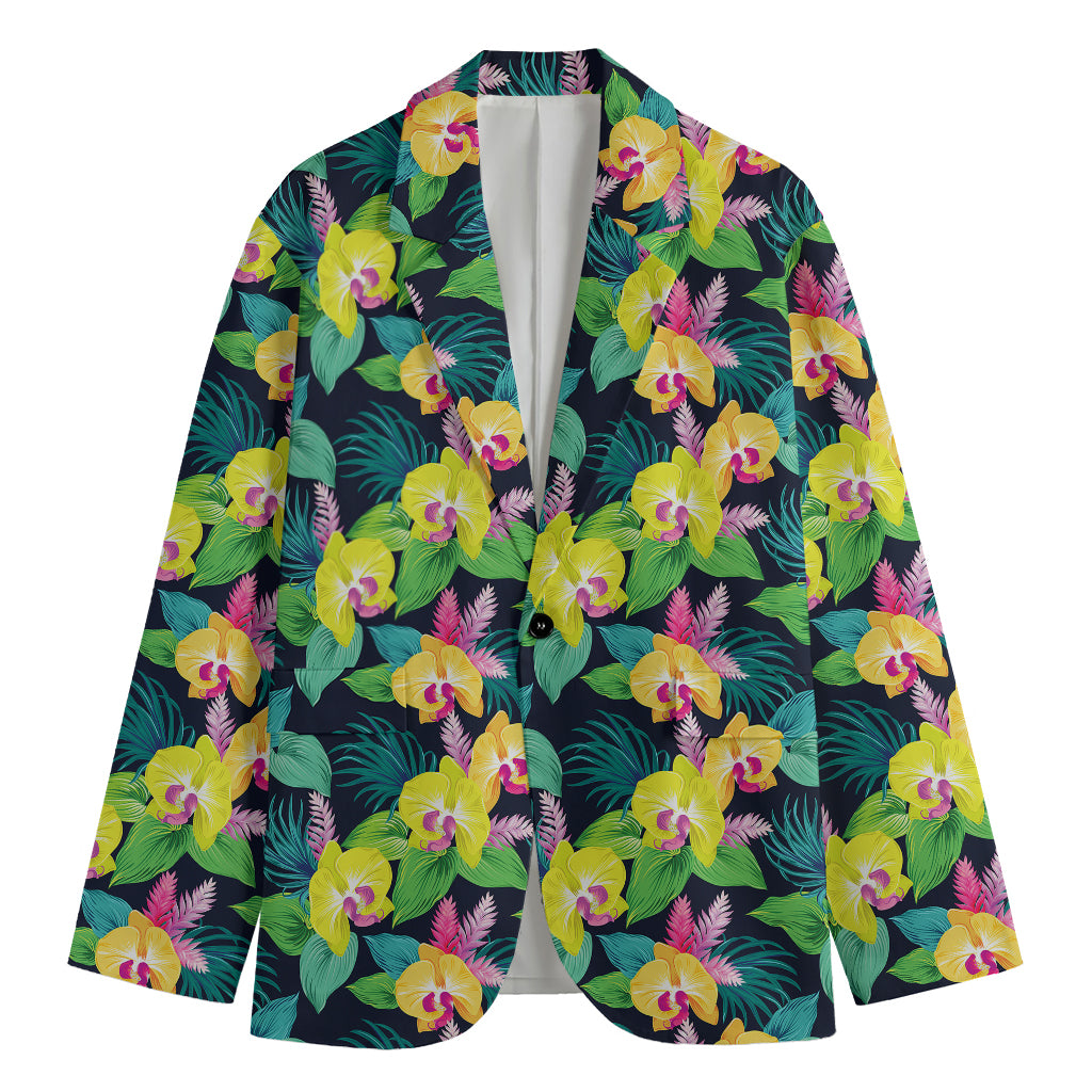 Yellow Orchid Pattern Print Men's Cotton Blazer