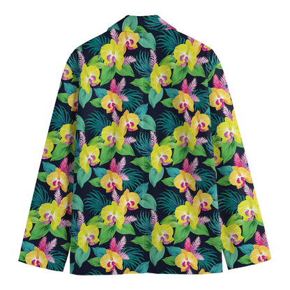 Yellow Orchid Pattern Print Men's Cotton Blazer