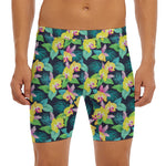 Yellow Orchid Pattern Print Men's Long Boxer Briefs