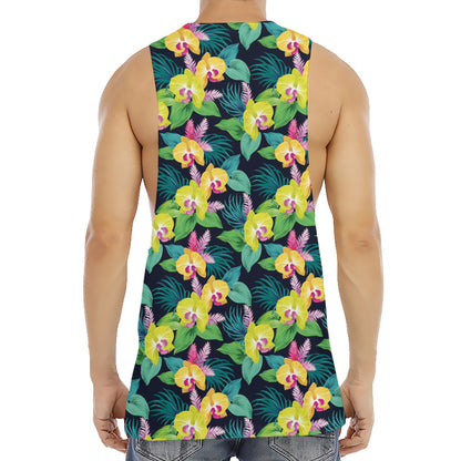 Yellow Orchid Pattern Print Men's Muscle Tank Top