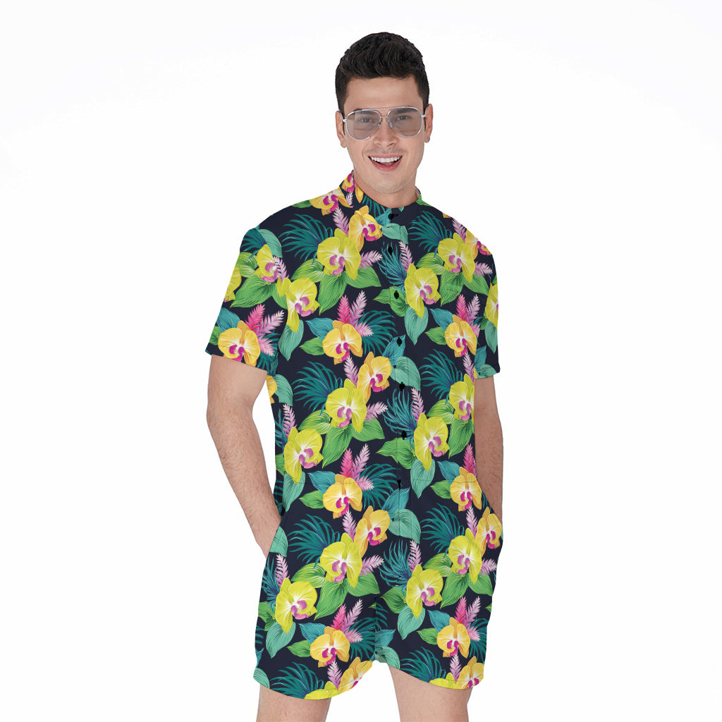 Yellow Orchid Pattern Print Men's Rompers