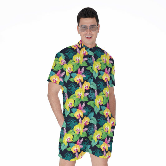 Yellow Orchid Pattern Print Men's Rompers