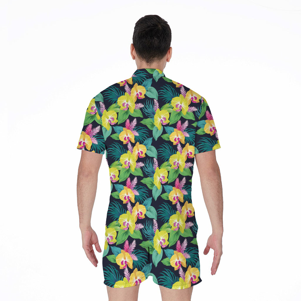 Yellow Orchid Pattern Print Men's Rompers