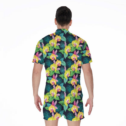 Yellow Orchid Pattern Print Men's Rompers