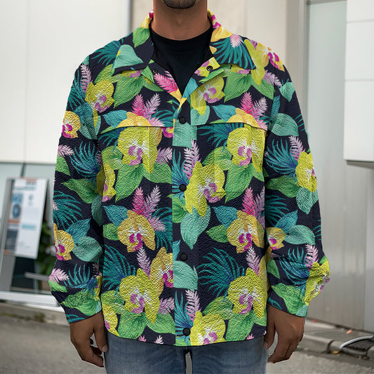 Yellow Orchid Pattern Print Men's Shirt Jacket