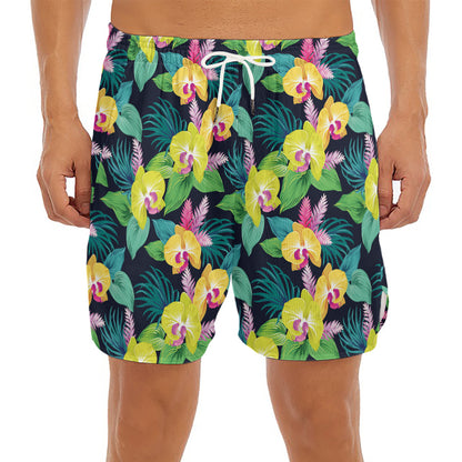 Yellow Orchid Pattern Print Men's Split Running Shorts