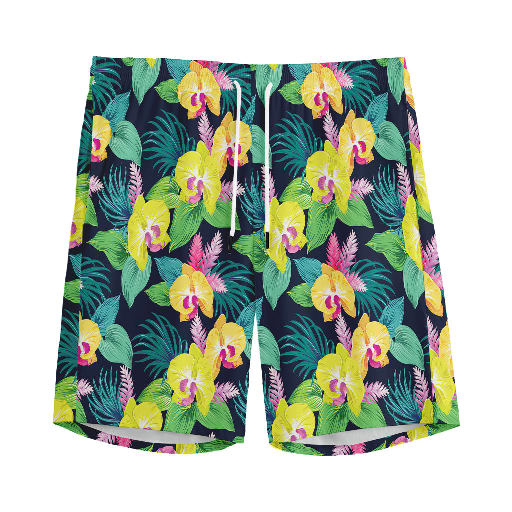 Yellow Orchid Pattern Print Men's Sports Shorts