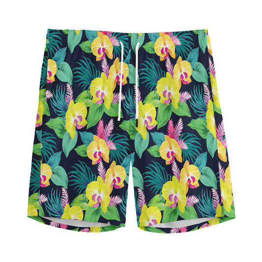 Yellow Orchid Pattern Print Men's Sports Shorts