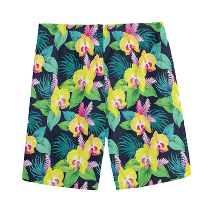 Yellow Orchid Pattern Print Men's Sports Shorts