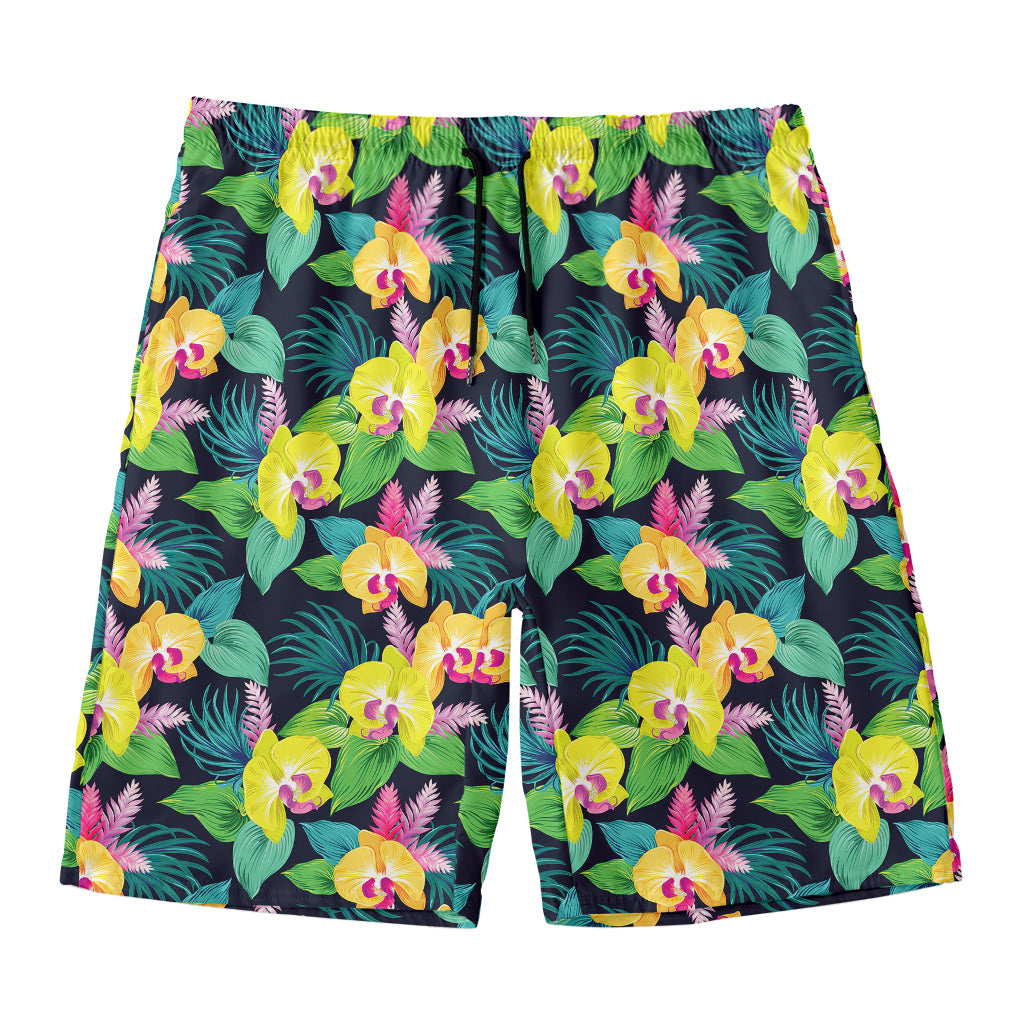 Yellow Orchid Pattern Print Men's Swim Trunks