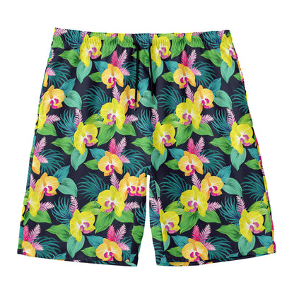 Yellow Orchid Pattern Print Men's Swim Trunks