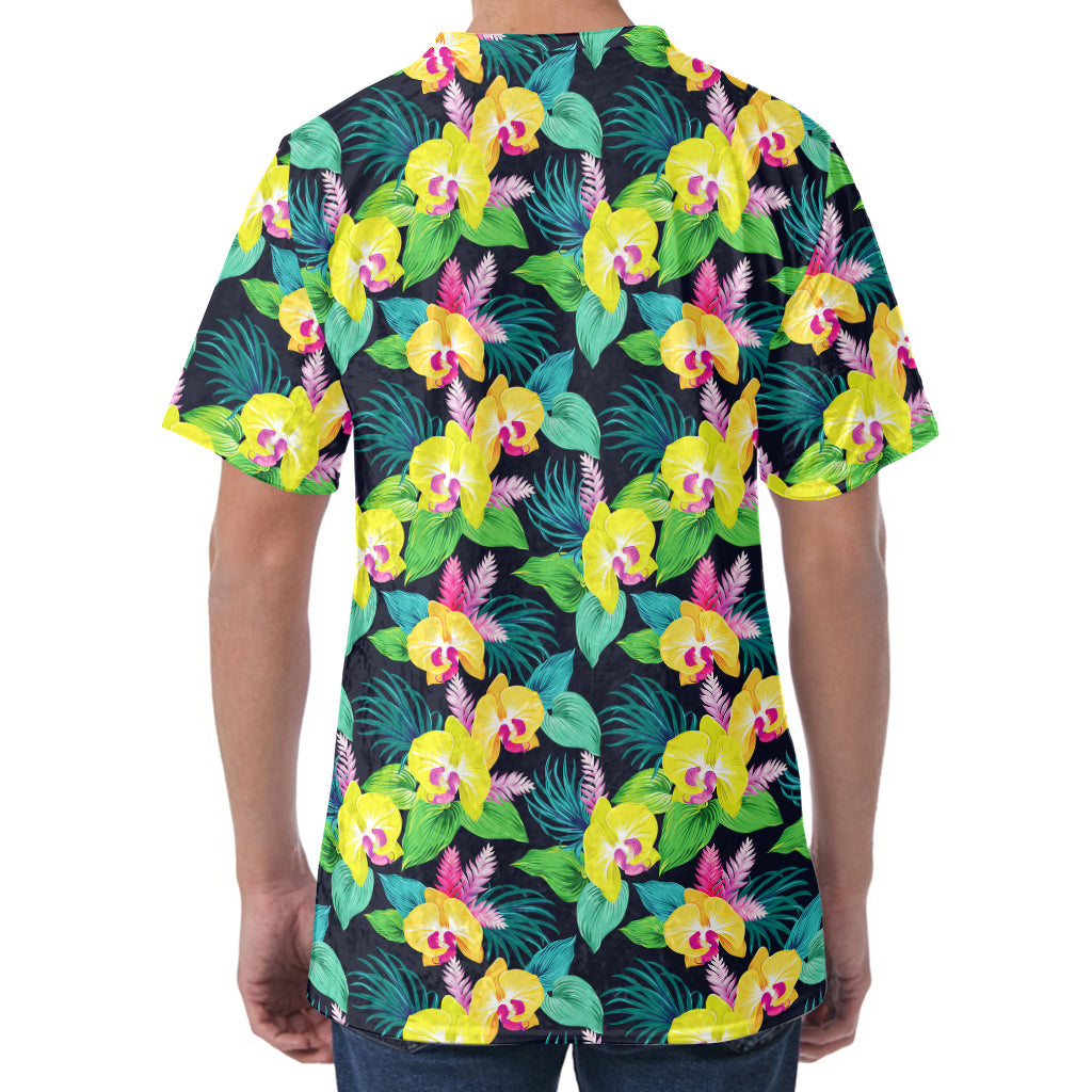 Yellow Orchid Pattern Print Men's Velvet T-Shirt