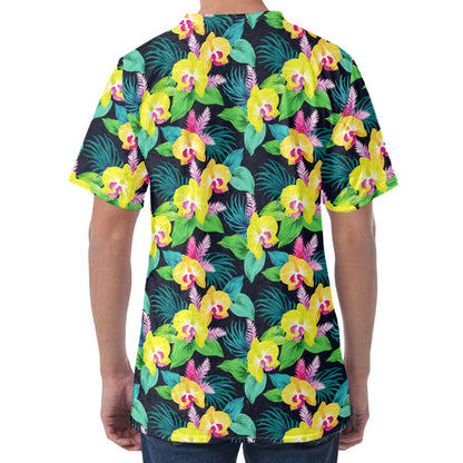 Yellow Orchid Pattern Print Men's Velvet T-Shirt