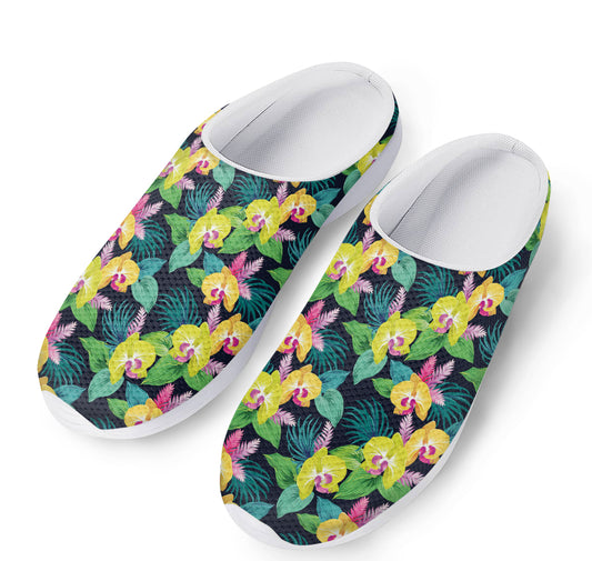 Yellow Orchid Pattern Print Mesh Casual Shoes