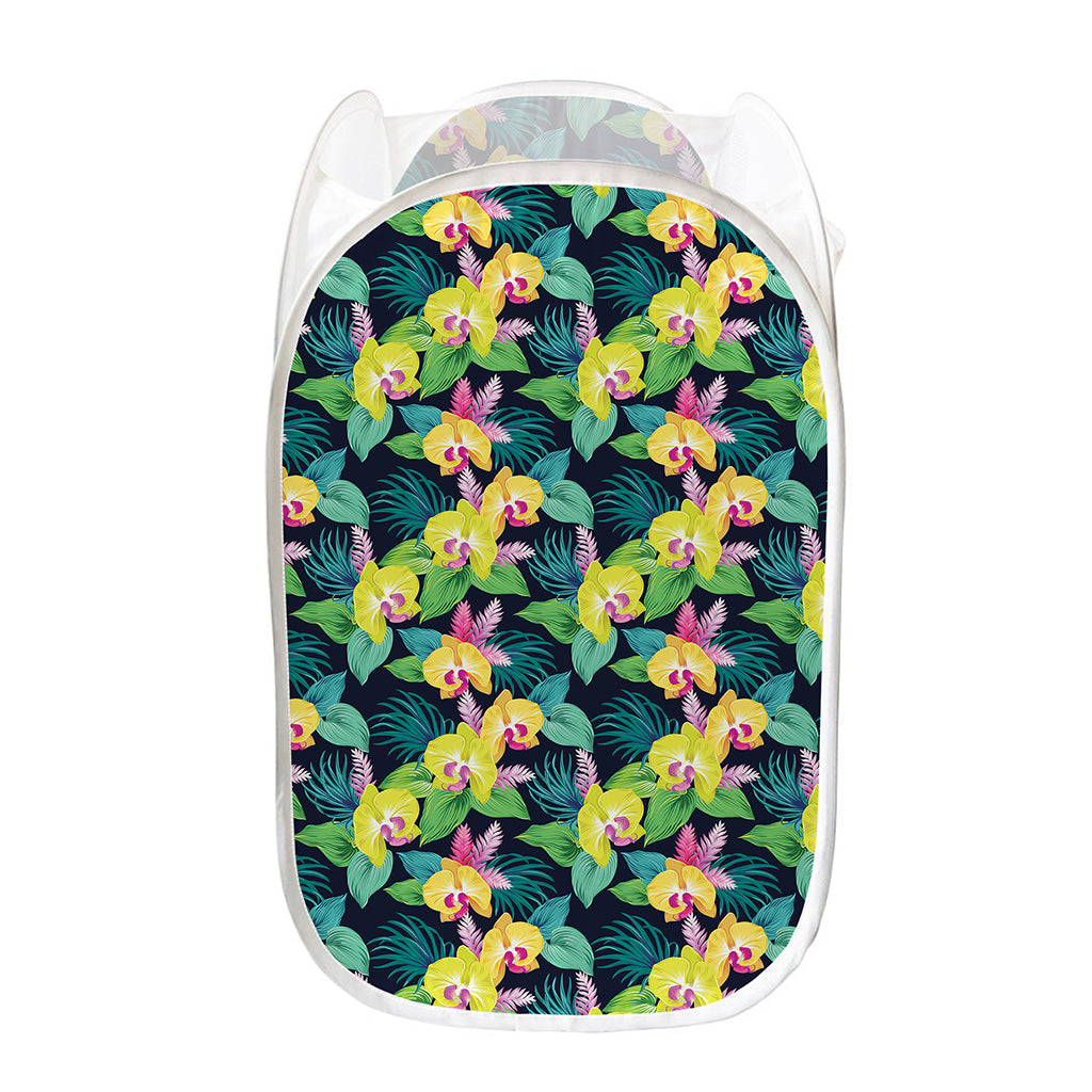 Yellow Orchid Pattern Print Mesh Laundry Hamper
