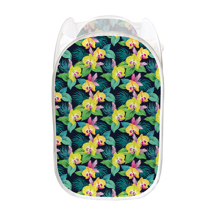 Yellow Orchid Pattern Print Mesh Laundry Hamper