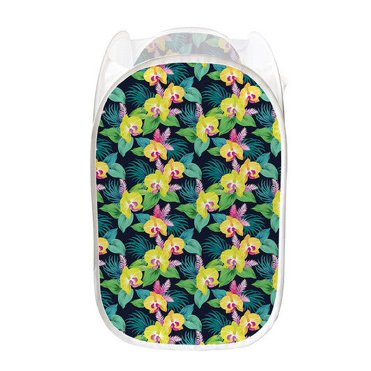 Yellow Orchid Pattern Print Mesh Laundry Hamper