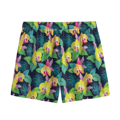 Yellow Orchid Pattern Print Mesh Shorts