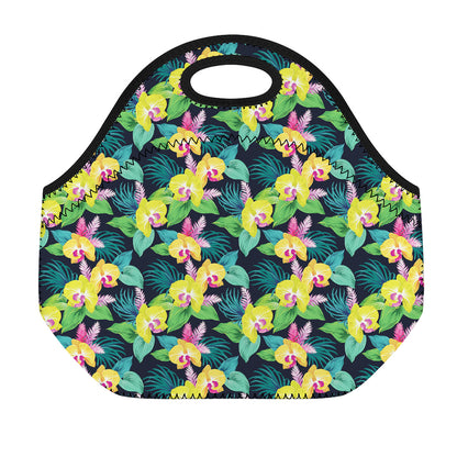 Yellow Orchid Pattern Print Neoprene Lunch Bag