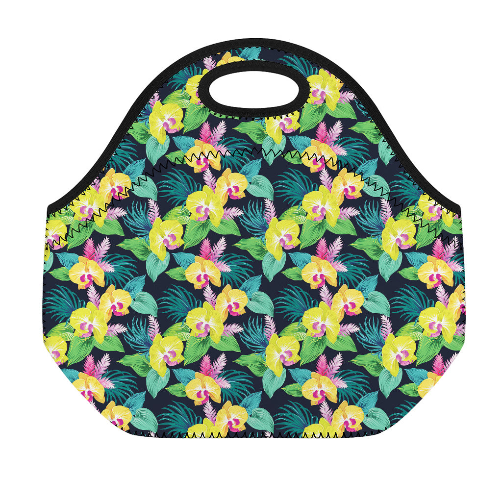 Yellow Orchid Pattern Print Neoprene Lunch Bag