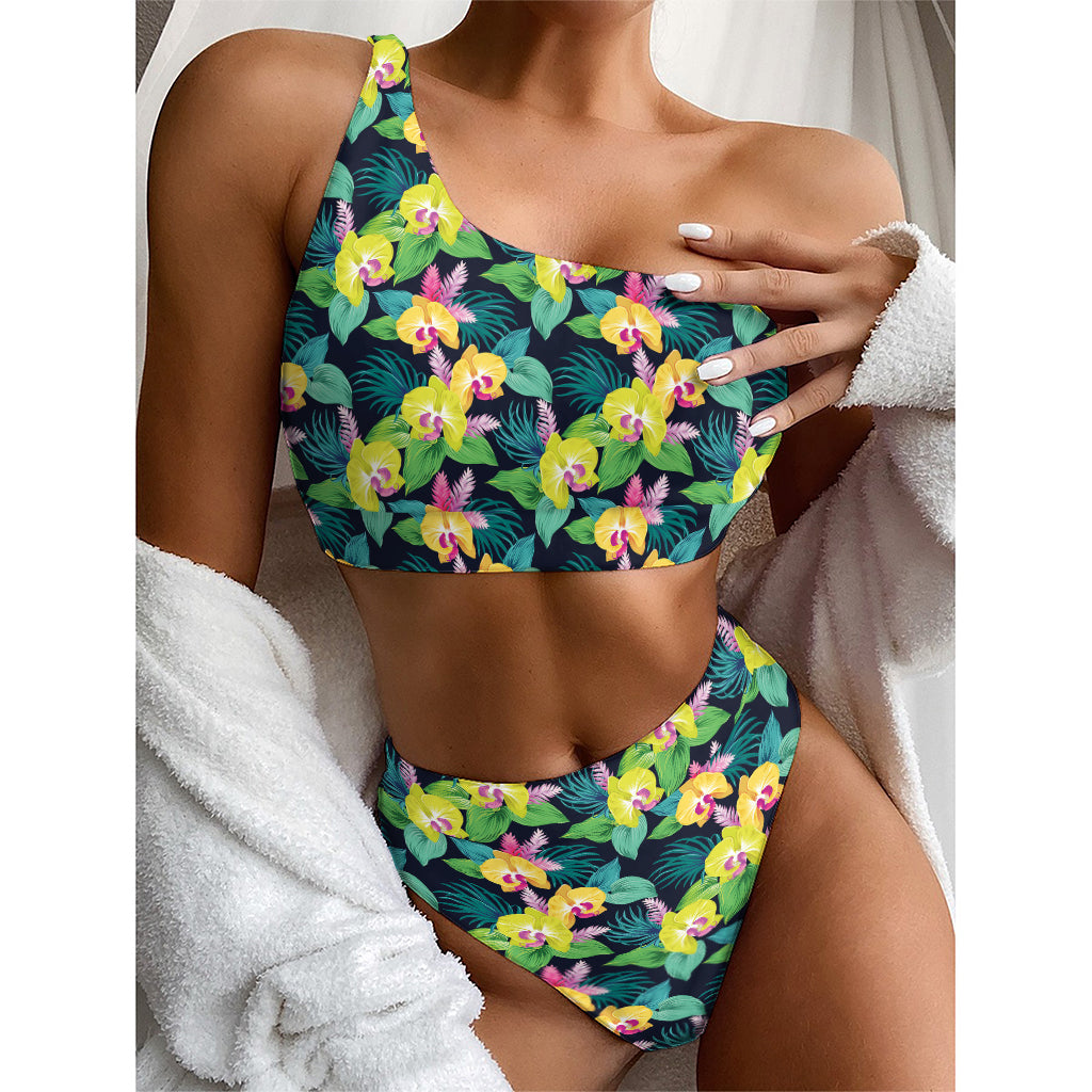 Yellow Orchid Pattern Print One Shoulder Bikini Top