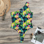 Yellow Orchid Pattern Print One Shoulder Bodysuit