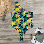 Yellow Orchid Pattern Print One Shoulder Bodysuit