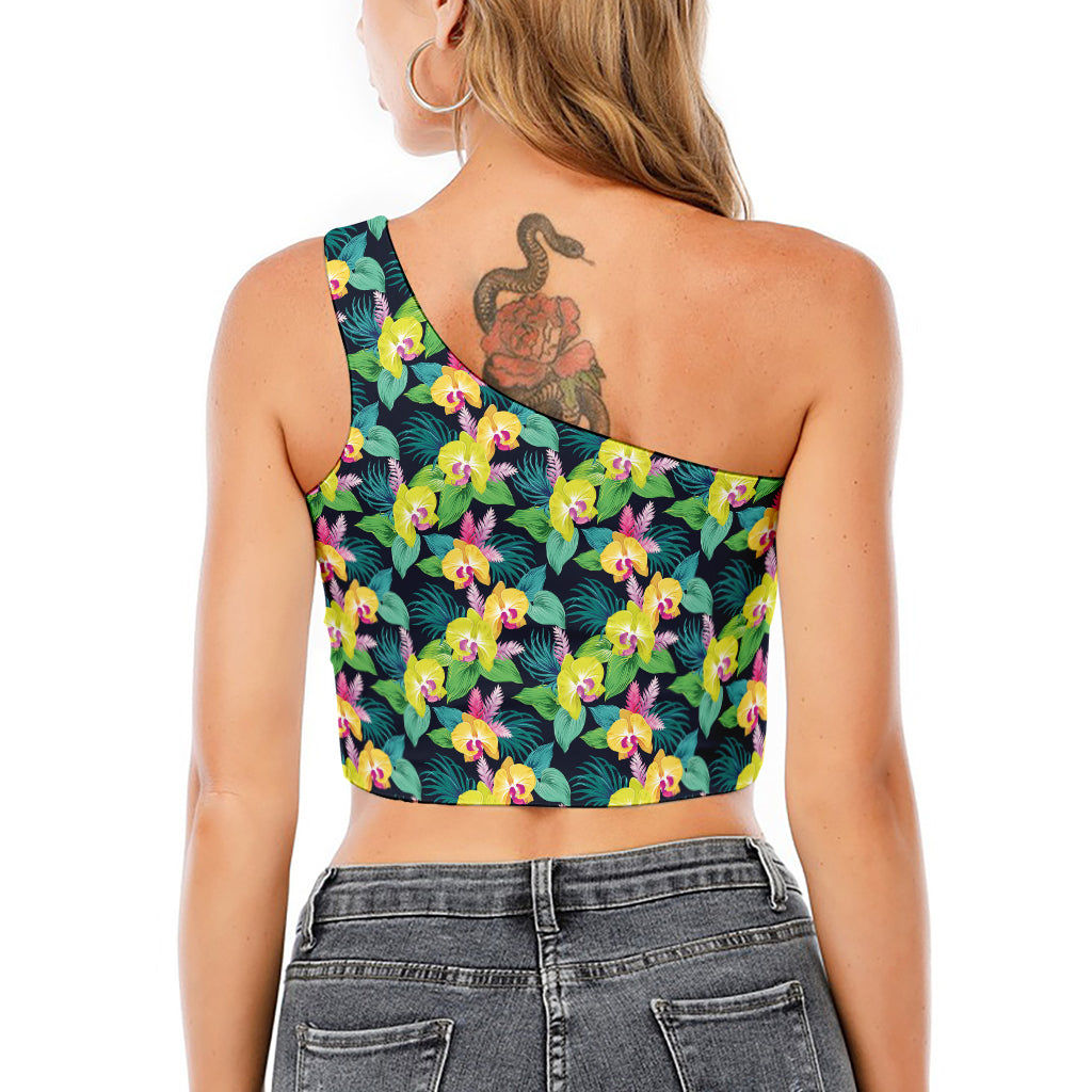 Yellow Orchid Pattern Print One Shoulder Crop Top