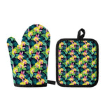 Yellow Orchid Pattern Print Oven Mitt And Pot Holder Set