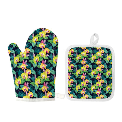Yellow Orchid Pattern Print Oven Mitt And Pot Holder Set