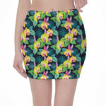 Yellow Orchid Pattern Print Pencil Mini Skirt
